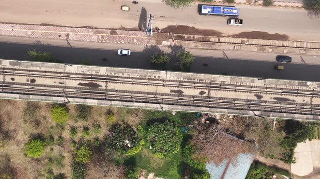 Empty metro track top view captured with drone 