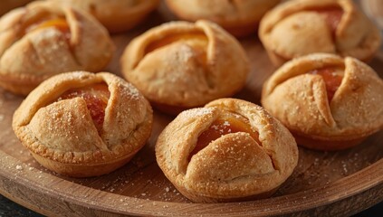 Fototapeta premium Closeup of small peach and cinnamon hand pies on a wooden plate, dusted with sugar and made from scratch.