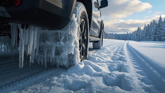 accumulated ice and snow in the back wheel well.