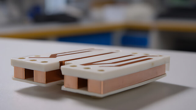 Two innovative ceramic heat sinks with copper elements and conductive traces on a white surface with a blurred background, close-up, technology focus