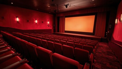 Fototapeta premium Vacant cinema hall with cozy red seats, awaiting moviegoers for the premiere and updates.
