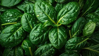 Fototapeta premium Fresh spinach leaves with water droplets. Close-up of organic baby spinach texture. Culinary backdrop.