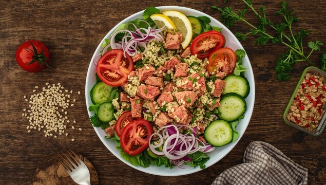 Diet food idea, tuna salad. Couscous mixed with canned tuna, tomatoes, cucumbers, and red onions on a rustic wooden surface. Aerial view. Empty space.