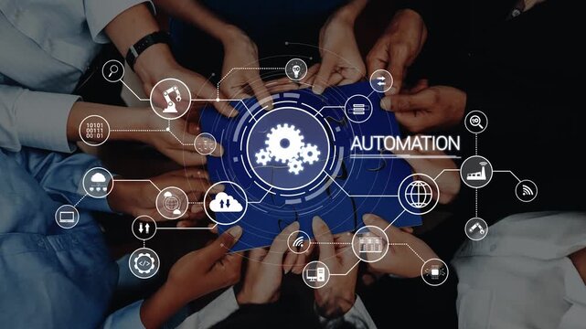 A diverse group of hands gathered around a blue display featuring automation visuals, symbolizing collaboration and innovation in modern business environments. Raster