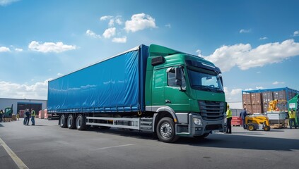 Fototapeta premium Green truck covered with blue tarp. Shipping logistics concept. Dispatching goods or equipment.