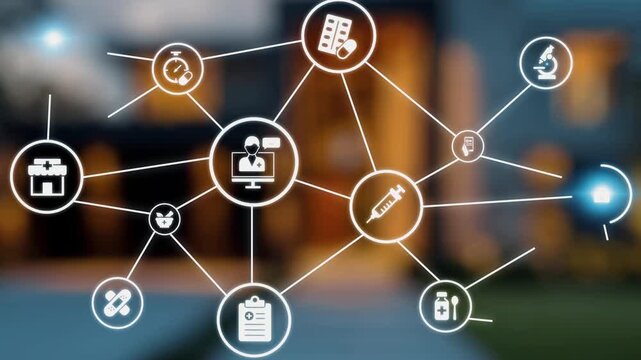 Online pharmacy icons showing medicine, healthcare, prescription and medical services with digital pharmacy, online drugstore, telemedicine and modern pharmaceutical solutions. Gist