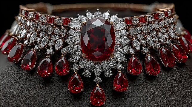 Luxury red gemstone necklace with diamonds in ornate design