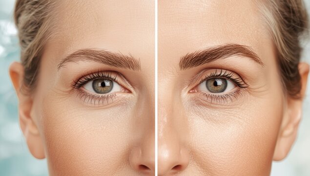 Before and after eyebrow threading and shaping on a middle-aged woman's face. Anti-aging focus.