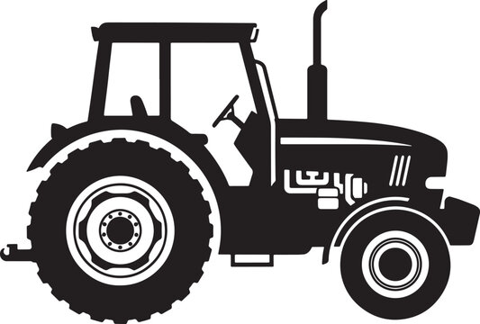 A detailed black silhouette icon of a modern agricultural farm tractor isolated on white background Vector, illustration