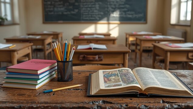 Setting featuring educational supplies like notebooks, pencils, books, and a Bible on a wooden table, with a classroom backdrop of desks and a blackboard, viewed from the front.