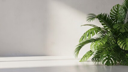 Fototapeta premium A large green plant sits in a bright and airy white room
