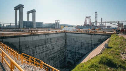 Obraz premium Perspective of a factory showing a concrete pit with yellow guardrails descending. Massive industrial buildings are seen in daylight behind.