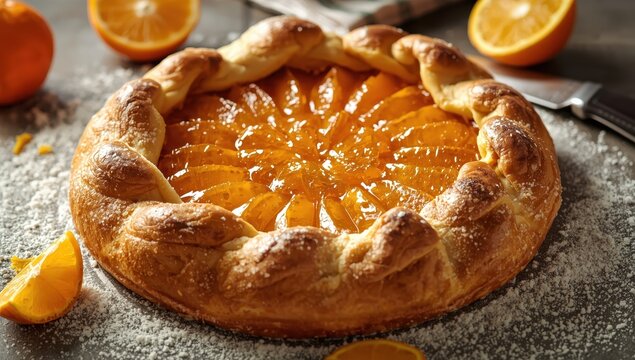 Homemade crostata with orange jam, crafted from Nonna's recipe. Rustic Italian tradition.