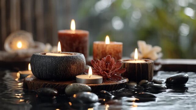 Serene spa setting with candles, A serene spa scene adorned with flickering candles