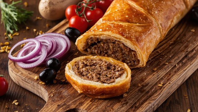 Savory bougatsa with minced meat on a wooden board, accompanied by red onion, olives, and cherry tomatoes, traditional Greek meat pie, close-up horizontal view, not AI generated.
