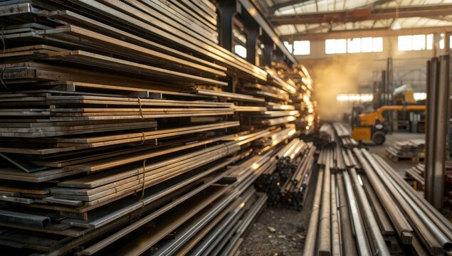 Assorted metal flat bars and steel pipes arranged on a storage shelf in a construction supply store.