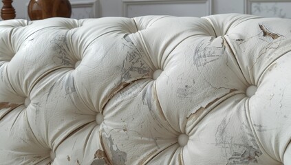 Naklejka premium Flaws on a white leather couch. Harm to leather furniture. Zoomed-in view of damaged soft tufted white leather. Poor quality leather.