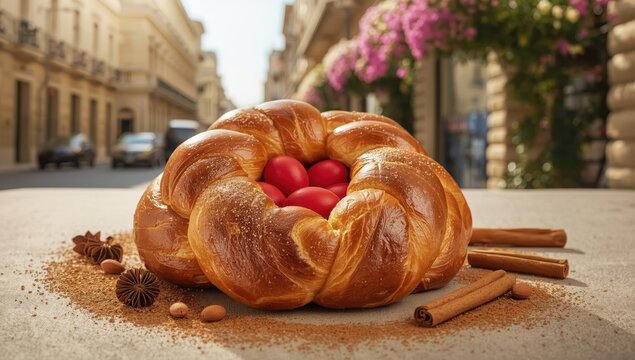 Tsoureki, a classic Greek Easter loaf, baked in Athens, featuring almond, mastiha, mahleb, and cinnamon, enjoyed during Orthodox Easter with red eggs.