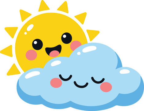 Kawaii Sun and Cloud with Cute Happy Faces, cheerful weather characters cartoon style vector illustration
