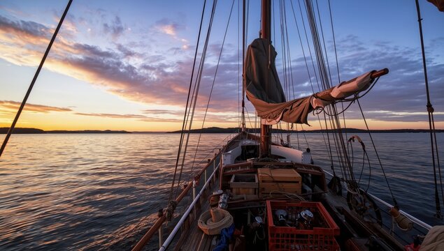 Sailing vessel in twilight, on front deck with lobster traps and crates, in Penobscot Bay, Maine, featuring ropes, pulleys, mast, cabin, and tarp, with islands and sunlight reflections behind.