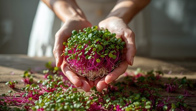 Red kohlrabi microgreen sprouts held by a woman. Fresh microgreens, nutritious eating, raw diet. Germinated red cabbage kohlrabi seeds with roots.