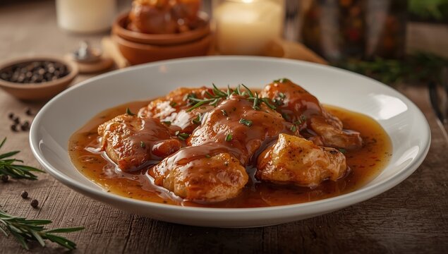 Chicken in sauce. Chicken fillet with gravy. Chicken pieces in gravy. Sauce background.