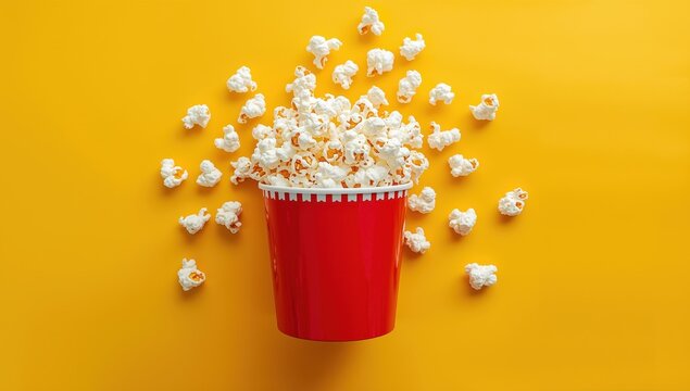 Overhead shot of a red bucket with white, spilling popcorn on a yellow backdrop, symbolizing food and movie entertainment.