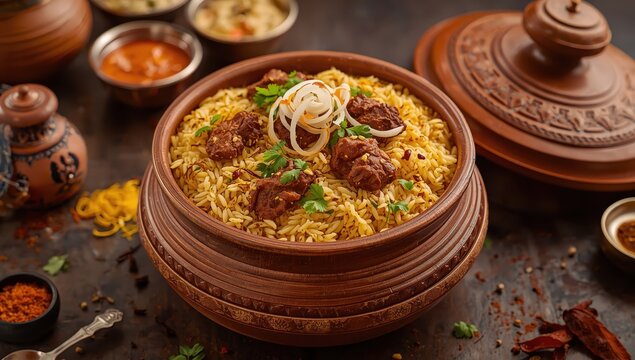 Dum Handi Mutton Biryani, also known as gosht pilaf, is made in a clay pot and is a favored Indian meat dish.