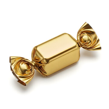 A single rectangular candy wrapped in shiny metallic gold foil isolated on a clean white background