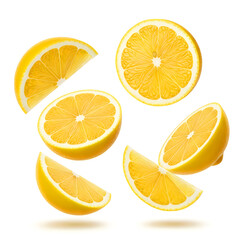 Fototapeta premium A collection of fresh vibrant lemon slices and halves floating against a clean white background