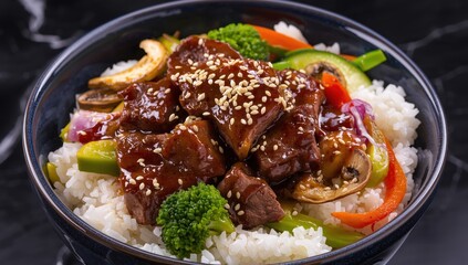 Fototapeta premium Teriyaki beef and vegetable rice with zucchini, broccoli, peppers, mushrooms, carrots, onions, and sesame seeds. Close-up of the dish in a blue bowl on a black marble surface.