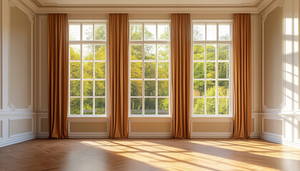 Fototapeta premium Empty room with tall brown curtains and large windows. Sunlight streams onto the polished wood floor creating bright stripes. Rich green trees visible outside the expansive glass panes