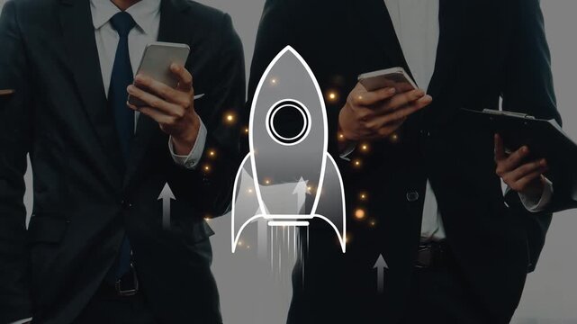 Business professionals engaged in digital communication with a rocket icon representing growth and innovation, perfect for capturing the essence of modern entrepreneurship. Raster