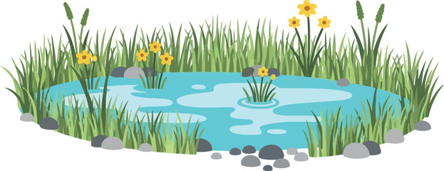 Obraz premium Vector illustration of a natural pond with green grass, rocks, and yellow flowers in spring season