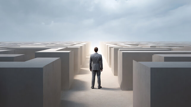 Man in suit stand before a vast, complex maze with light ahead, depicting challenge, strategy, decision, and the search for solutions and success