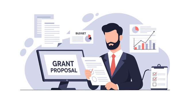 Businessman holding grant proposal document with computer and charts.