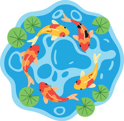 Obraz premium Colorful koi fish swimming in a decorative pond with lily pads, flat vector illustration