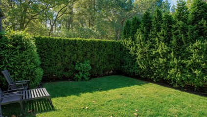 Fototapeta premium Dense green hedge and trees display a lively garden shield. Organic landscape design, perfect for home exteriors. Peaceful environment improves yard beauty.