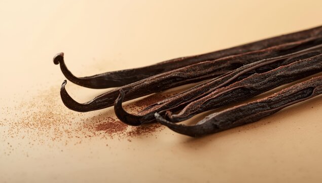 Detailed side shot of vanilla pods and beans displaying their rich texture and scent. Simple, refined food photography emphasizing high-quality vanilla for gourmet baking and desserts.