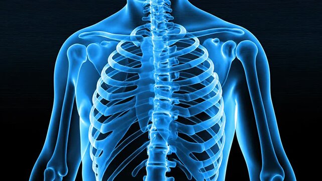 Blue translucent human skeleton upper body medical illustration