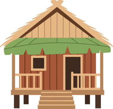 Rustic Wooden Hut with Thatch Roof Vector Illustration for Rural and Tropical Design Projects