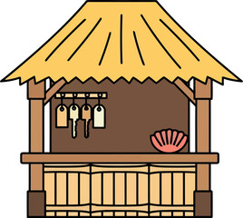 Obraz premium Tropical tiki hut illustration with straw roof and wooden bar counter for summer beach themes