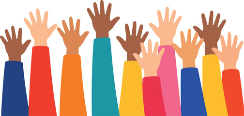 Obraz premium Diverse Raised Hands with Colorful Sleeves Showing Enthusiasm and Participation, Flat Design Community Engagement vector illustration 