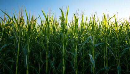 Obraz premium Green corn stalks grow tall in a sunny agricultural field under a clear blue sky. This healthy crop is ready for harvest, symbolizing nature and