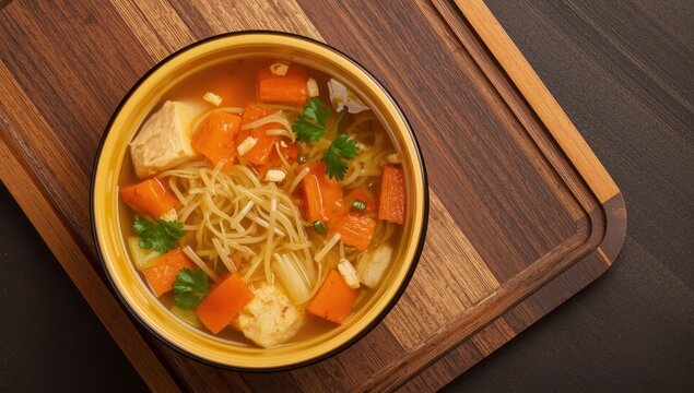Close-up of chicken soup with vermicelli and vegetables in a bowl on a wooden tray. Horizontal overhead view.