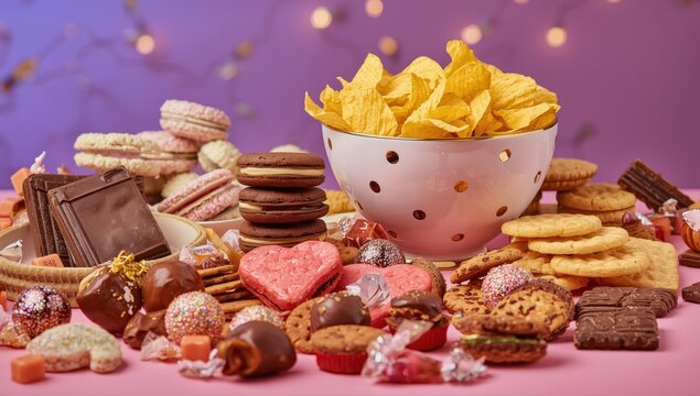 Variety of party treats on a table, including chocolate cream cookies, heart-shaped sugar cookies, wafer chocolates, caramel balls, salted crackers, and crispy chips.