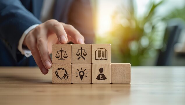 Person grasping a wooden piece featuring ethical symbols, corporate ethics, and compliance ideas.
