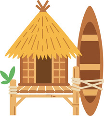 Tropical bamboo hut with thatched roof and canoe vector illustration for summer travel and vacation themes © Your Vectors