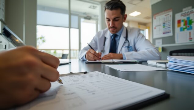 Physician documenting on clipboard for hospital timetable, medical history, or health checklist. Physician preparing prescription and medication record for patient in hospital office, close-up.