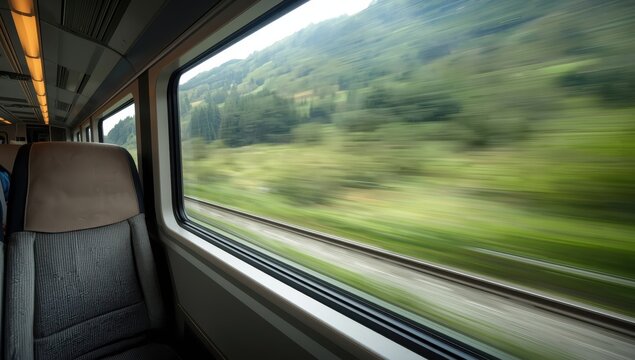 Vacant train with empty seats. Long exposure shot capturing a blurry green landscape outside in Switzerland, Europe, devoid of passengers.